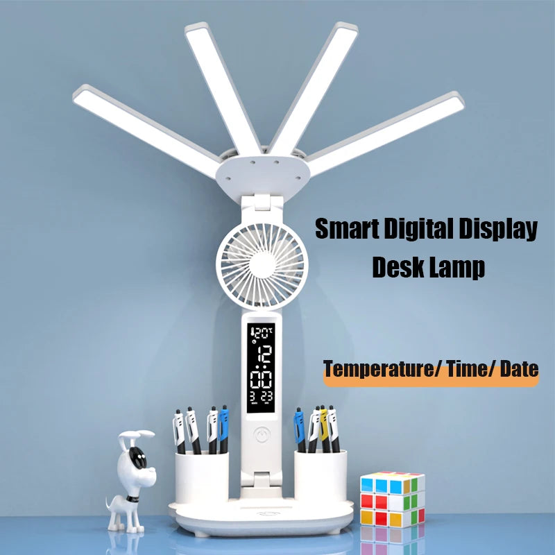 Multifunction Table Lamp Led Four-Headed Folding With Fan Calendar Clock USB Rechargeable Desk Light (3 Colours) Reading Lamp |Trend Tech Depot